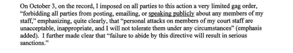 The opening of Justice Arthur Engron's written order that Trump pay a $10,000 gag-order fine.