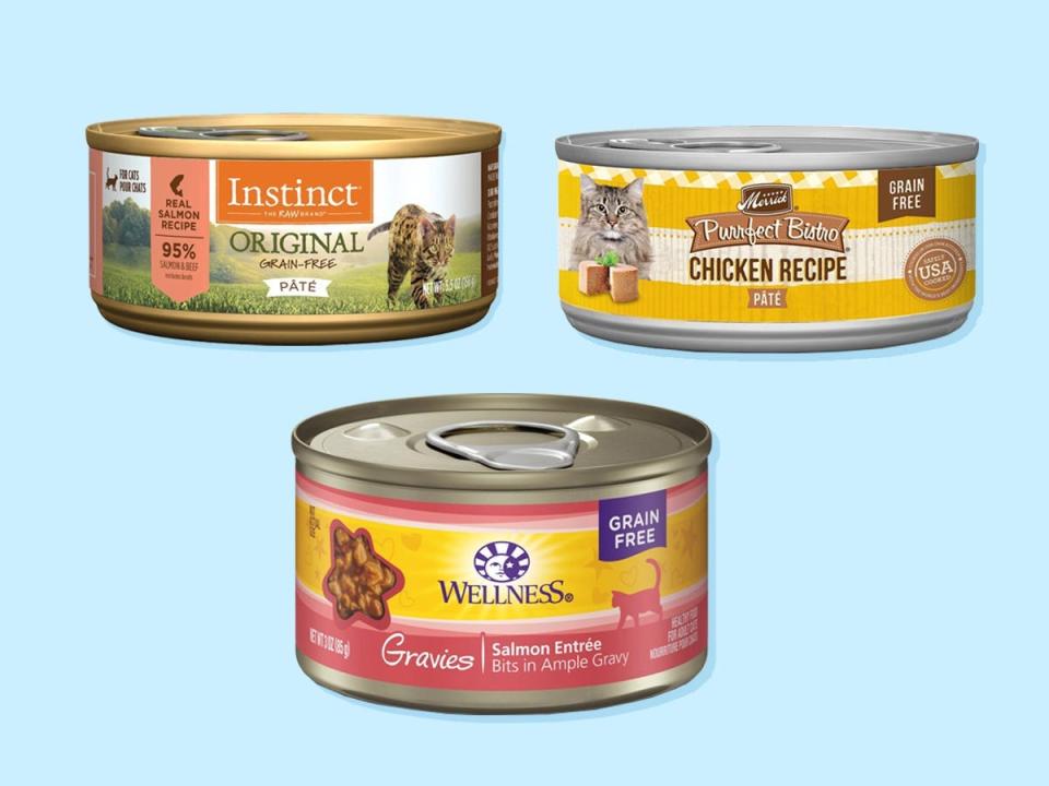 Three cans of the best adult wet cat food from Instinct Original, Merrick, and Wellness.