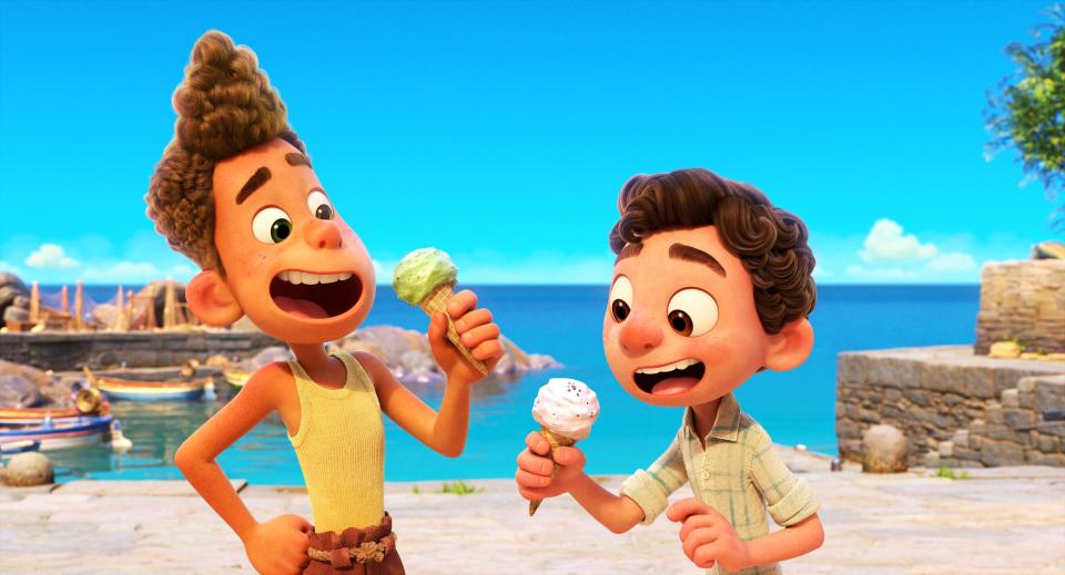 This image released by Disney shows characters Alberto, voiced by Jack Dylan Grazer, left, and Luca, voiced by Jacob Tremblay in a scene from the animated film "Luca." (Disney via AP)