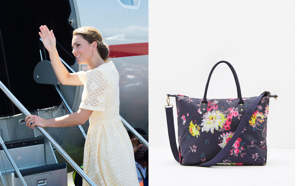 <p><a rel="nofollow noopener" href="http://www.travelandleisure.com/style/fashion/kate-middleton-outfits-around-the-world" target="_blank" data-ylk="slk:Kate Middleton;elm:context_link;itc:0;sec:content-canvas" class="link ">Kate Middleton</a> is rarely seen carrying her own luggage. But the Duchess of Cambridge was once spied carrying<a rel="nofollow noopener" href="https://www.amazon.com/Joules-Kembry-Printed-Canvas-Overnight/dp/B01H9RKRZ4/ref=sr_1_3?s=apparel&ie=UTF8&qid=1471897524&sr=1-3&nodeID=7141123011&keywords=joules+bag" target="_blank" data-ylk="slk:a printed-cotton weekend bag from British brand Joules;elm:context_link;itc:0;sec:content-canvas" class="link "> a printed-cotton weekend bag from British brand Joules</a> during a trip to the island of Mustique. The distinctive floral pattern was the giveaway. You can snag one for <a rel="nofollow noopener" href="https://www.amazon.com/Joules-Kembry-Printed-Canvas-Overnight/dp/B01H9RKRZ4/ref=sr_1_3?s=apparel&ie=UTF8&qid=1471897524&sr=1-3&nodeID=7141123011&keywords=joules+bag" target="_blank" data-ylk="slk:as little as $125;elm:context_link;itc:0;sec:content-canvas" class="link ">as little as $125</a>. </p>