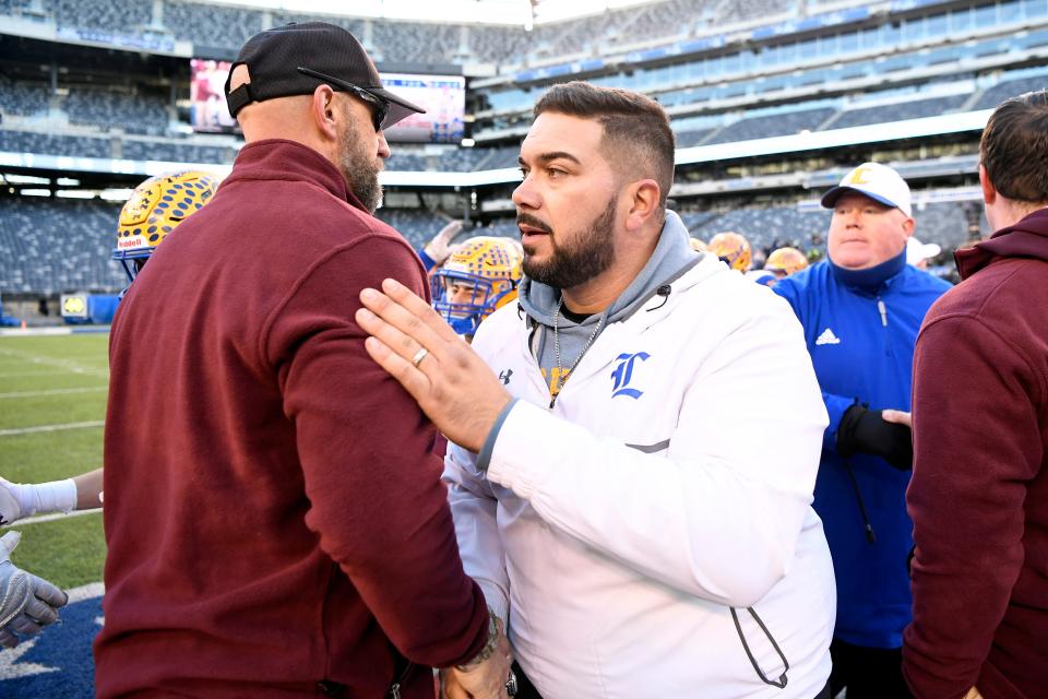 Lyndhurst head coach Rich Tuero, right, and his team lost to Verona, 41-0, in the North Group 2 championship on Friday, Nov. 29, 2019, in East Rutherford.