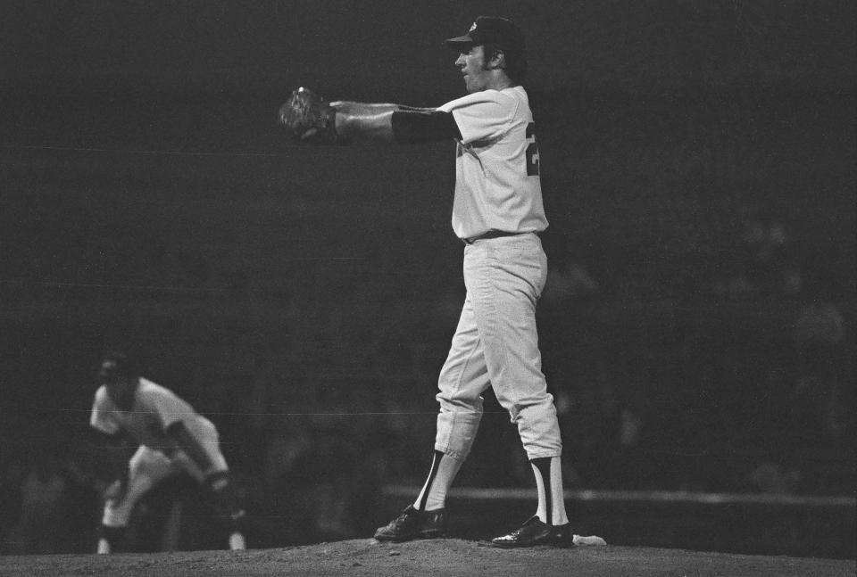 Rochester starting pitcher Wayne Garland winds up a pitch  during game two of the Triple AAA Junior World Series against Denver at Silver Stadium on Sept. 15, 1971. The Wing won the game 6-4.