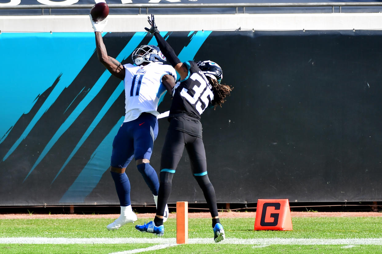 Titans wide receiver A.J. Brown made arguably the catch of the year against the Jaguars on Sunday. (Photo by Julio Aguilar/Getty Images)