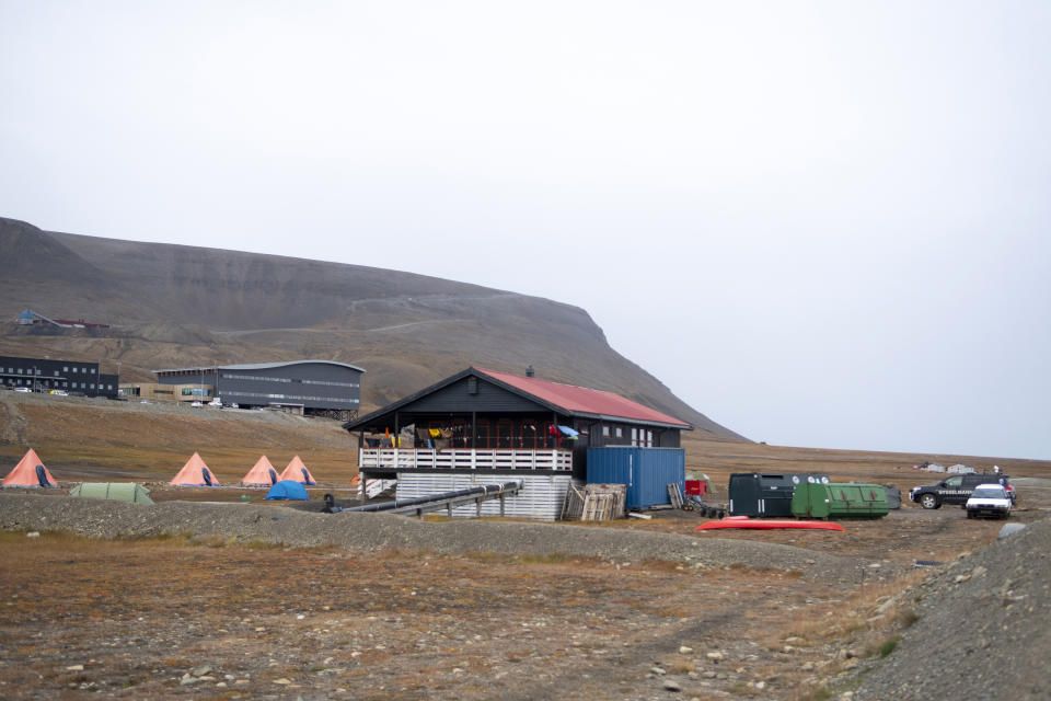 The Longyearbyen camp site after a polar bear attacked the site and killed a man in Norway's remote Svalbard Islands in the Arctic, Friday Aug. 28, 2020. The polar bear was killed. The man, who wasn't identified, was rushed to hospital in the main settlement where he was declared dead Friday. (Line Nagell Ylvisaker / NTB scanpix via AP)