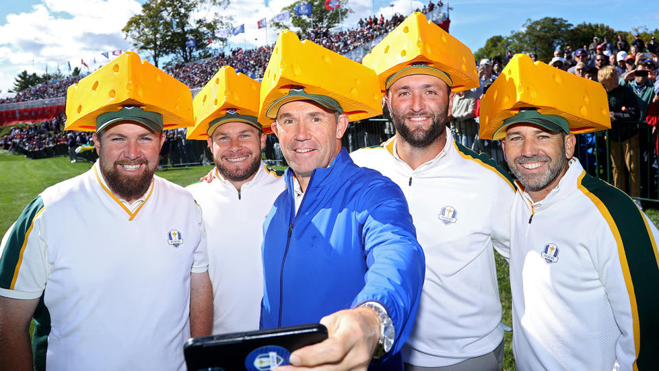 The European team, pictured here wearing cheese head hats at the Ryder Cup.