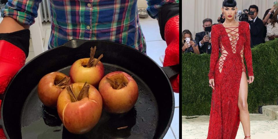 a cast iron pan of baked apples; Megan Fox