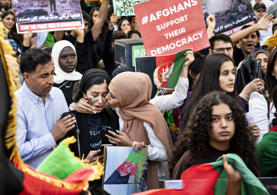In front of the US Embassy, protesters demonstrate in support of Afghan people, in Copenhagen, Denmark, Sunday Aug. 22, 2021. After the demonstration in front of the Pakistani embassy, the protests continue in front of the US embassy in Copenhagen. (Nils Meilvang / Ritzau Scanpix)