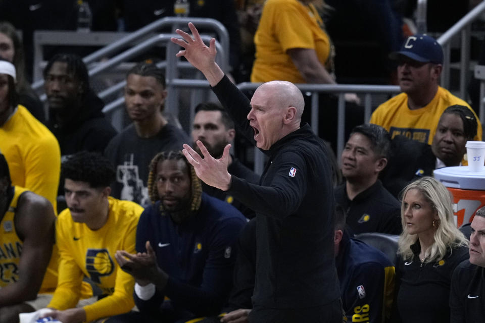 Indiana Pacers head coach Rick Carlisle reacts to a call during the first half of Game 4 of the NBA Eastern Conference basketball finals against the Boston Celtics, Monday, May 27, 2024, in Indianapolis. (AP Photo/Darron Cummings)