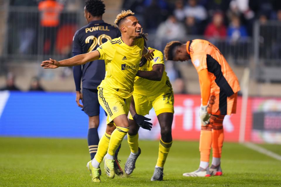 Nov 28, 2021; Chester, Pennsylvania, USA; Nashville SC midfielder Hany Mukhtar (10) celebrates after scoring a goal during the first half against the Philadelphia Union in the conference semifinals of the 2021 MLS playoffs at Subaru Park. Mandatory Credit: Mitchell Leff-USA TODAY Sports