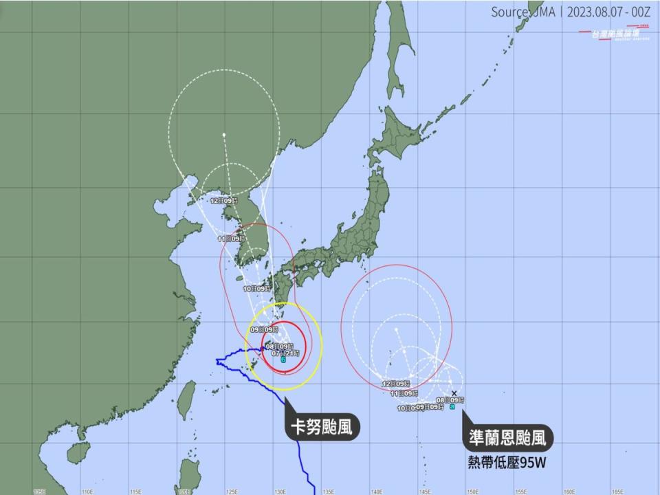 輕颱卡努可能一路遊歷日本、南北韓、中國東北。（圖：台灣颱風論壇｜天氣特急臉書）