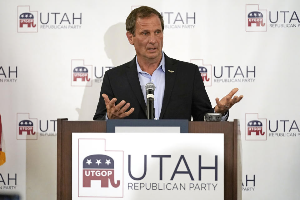 FILE - Utah's 2nd District Republican incumbent U.S. Reps. Chris Stewart speaks during an Utah Republican election night party on Nov. 3, 2020, in Sandy, Utah. U.S. Rep. Chris Stewart, R-Utah, is planning to leave Congress due to his wife's illness by the end of this year, a person familiar with the matter told The Associated Press on Tuesday, May 30, 2023. (AP Photo/Rick Bowmer, File)