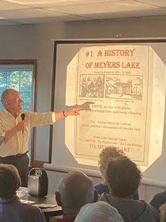 Local historian Richard Haldi presents a talk about the history of Meyers Lake. Village officials are looking to add more activities and events in 2024 to bring together the community.