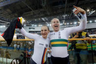 Cycling - UCI Track World Championships - Women's Sprint, Final - Hong Kong, China - 14/4/17 - Germany's Kristina Vogel (L) celebrates with Australia's Stephanie Morton after winning gold. REUTERS/Bobby Yip