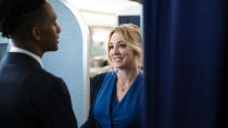 This image released by HBO Max shows Griffin Matthews, left, and Kaley Cuoco in a scene from the series "The Flight Attendant." (Phil Caruso/HBO Max via AP)