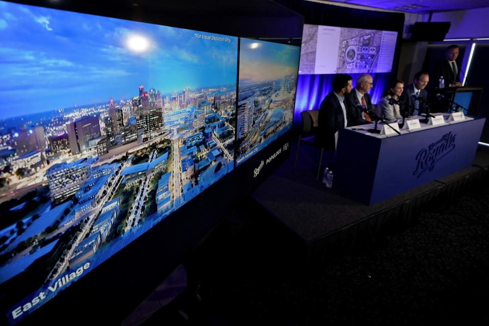 Kansas City Royals baseball team officials and their consultants talk about proposals for a new stadium to replace Kaufmann Stadium which has been home to the team for more than 50 years during a news conference, Tuesday, Aug. 22, 2023, in Kansas City, Mo. (AP Photo/Charlie Riedel)