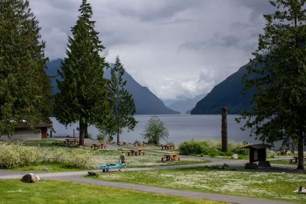 People enjoy the first day of the reopening of Golden Ears Provincial Park in Maple Ridge, B.C., on May 14, 2020. 