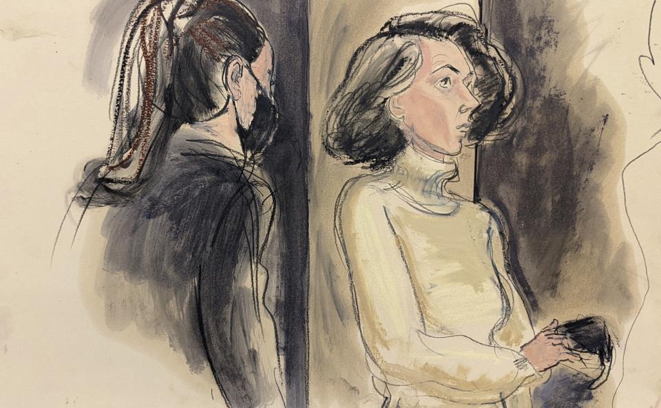 FILE - In this courtroom sketch, Ghislaine Maxwell, right, sits with her mask off during a break in her sex trafficking trial, Monday, Dec. 20, 2021, in New York. (Elizabeth Williams via AP, File)