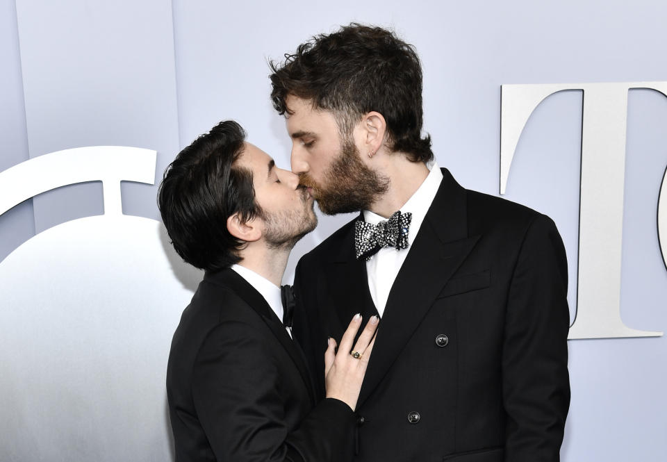 Noah Galvin, left, and Ben Platt arrive at the 77th Tony Awards on Sunday, June 16, 2024, in New York. (Photo by Evan Agostini/Invision/AP)