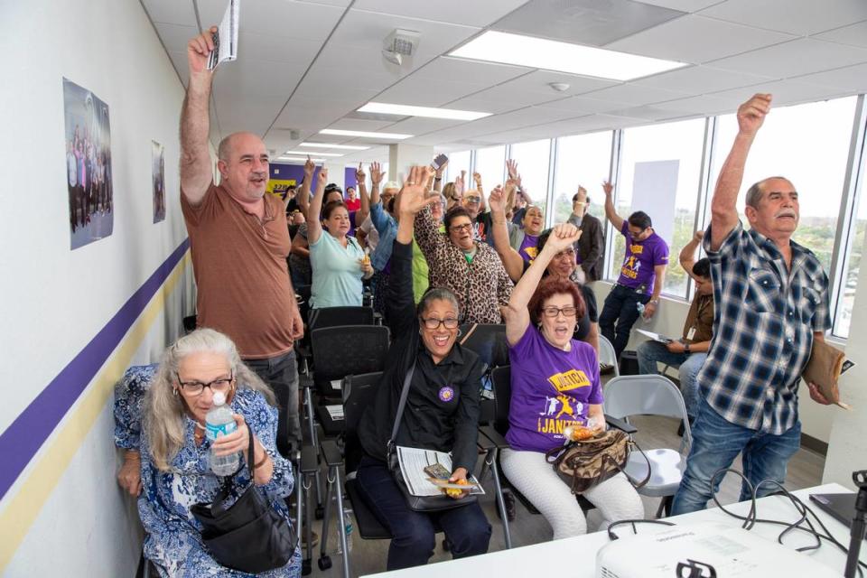 A South Florida janitors union celebrated on Saturday, March 2, 2024, after securing higher wages, more working hours, and extra paid time off for its members, who struggle to make ends meet in one of the most expensive areas to live in the country.