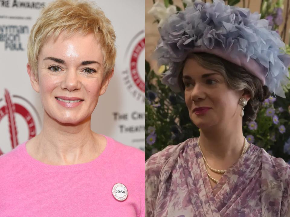 Victoria Hamilton in 2018 and as the Queen Mother on "The Crown."