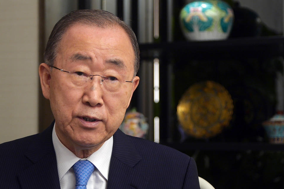 CORRECTS DATE - In this Monday, Sept. 9, 2019, photo, former U.N. Secretary-General Ban Ki-moon speaks during an interview on the sidelines of a press conference for the release of a report on adapting to climate change in Beijing. A group of leaders from business, politics and science called Monday for a massive investment in adapting to climate change over the next decade, arguing it would reap significant returns as countries avoid catastrophic losses and boost their economies. (AP Photo/Sam McNeil)