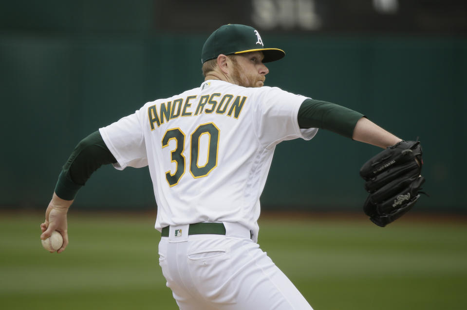 Oakland Athletics starting pitcher Brett Anderson works in the first inning of a baseball game against the Boston Red Sox, Thursday, April 4, 2019, in Oakland, Calif. (AP Photo/Eric Risberg)