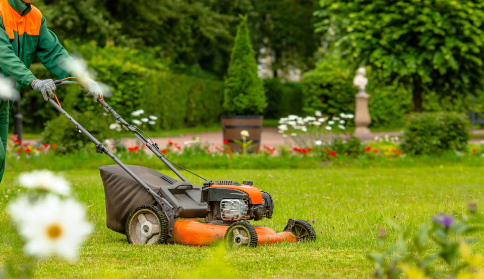 Lawn care. Cutting grass with a lawn mower. beautiful landscape. Garden maintenance.