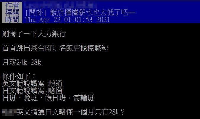飯店櫃檯薪水不到28K，讓原PO直呼太低了。（示意圖／翻攝自 Pixabay、PTT）