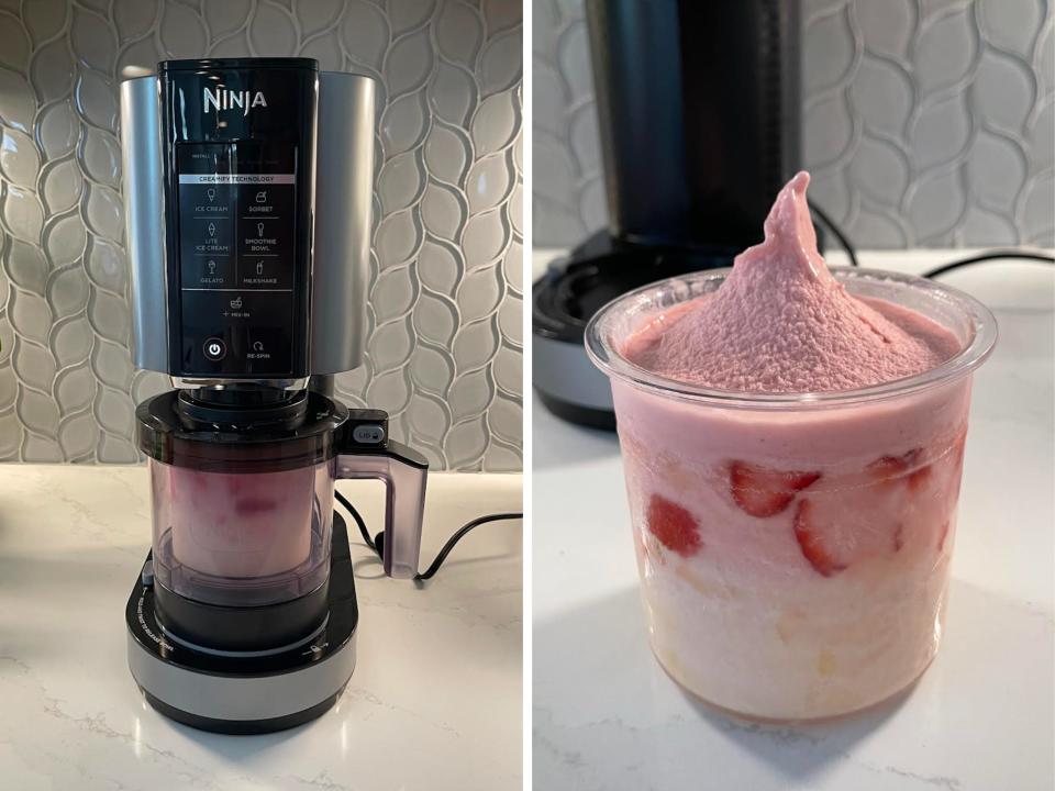 A photo of a Ninja Creami machine; a photo of strawberry peach sorbet.