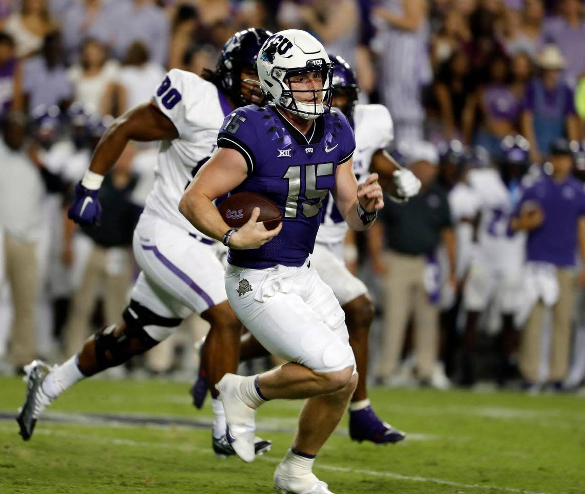 TCU quarterback Max Duggan (15) runs to the right side in the first half of a NCAA football game at Amon G. Carter Stadium in Fort Worth, Texas, Saturday, Sept. 10, 2022. TCU led Tarleton State 38-7 at the half. (Special to the Star-Telegram Bob Booth)