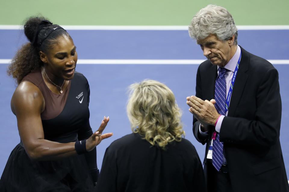 NEW YORK, NY - SEPTEMBER 08: Serena Williams of the United States argues with grand slam supervisor Donna Kelso and referee Brian Earley during her Women's Singles finals match against Naomi Osaka of Japan on Day Thirteen of the 2018 US Open at the USTA Billie Jean King National Tennis Center on September 8, 2018 in the Flushing neighborhood of the Queens borough of New York City. (Photo by Michael Owens/Getty Images)