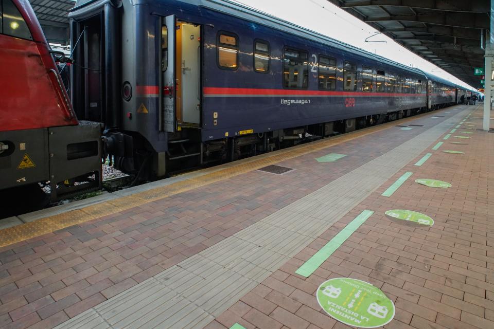 Outside of the Nightjet train as it arrives in Venice