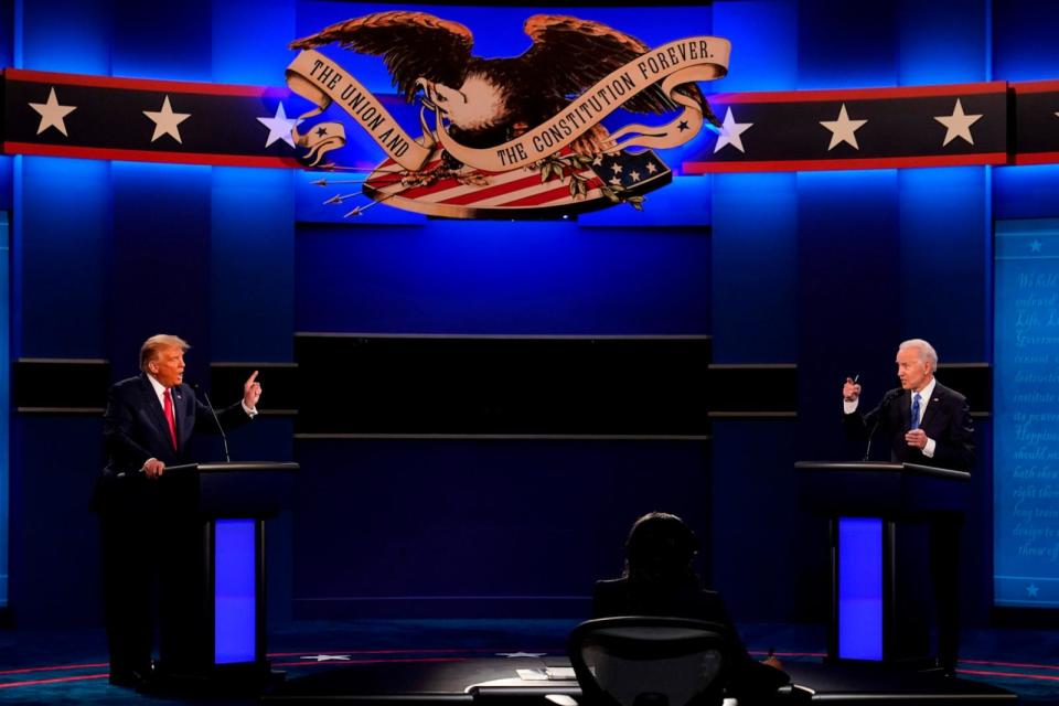 PHOTO: In this Oct. 22, 2020 file photo, President Donald Trump, left, and Democratic presidential candidate former Vice President Joe Biden speak during the debate at Belmont University in Nashville, Tenn. (Patrick Semansky/AP, FILE)