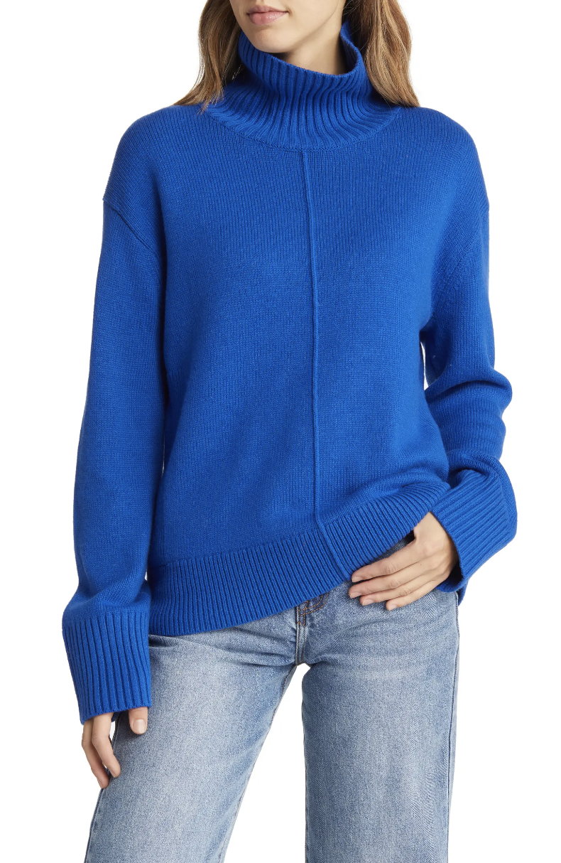 Nordstrom Boxy Cotton & Wool Funnel Neck Sweater in blue surf (Photo via Nordstrom)