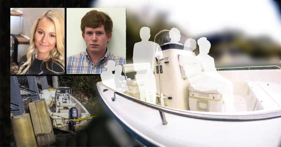 An artist’s rendering that shows, based on law enforcement documents, where Mallory Beach, top left, and Paul Terry Murdaugh and the four other young adults were located on the 17-foot boat before the Feb. 24, 2019 accident.