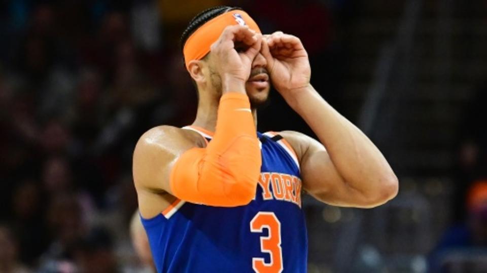 New York Knicks guard Josh Hart (3) reacts after a basket during the second half against the Cleveland Cavaliers at Rocket Mortgage FieldHouse