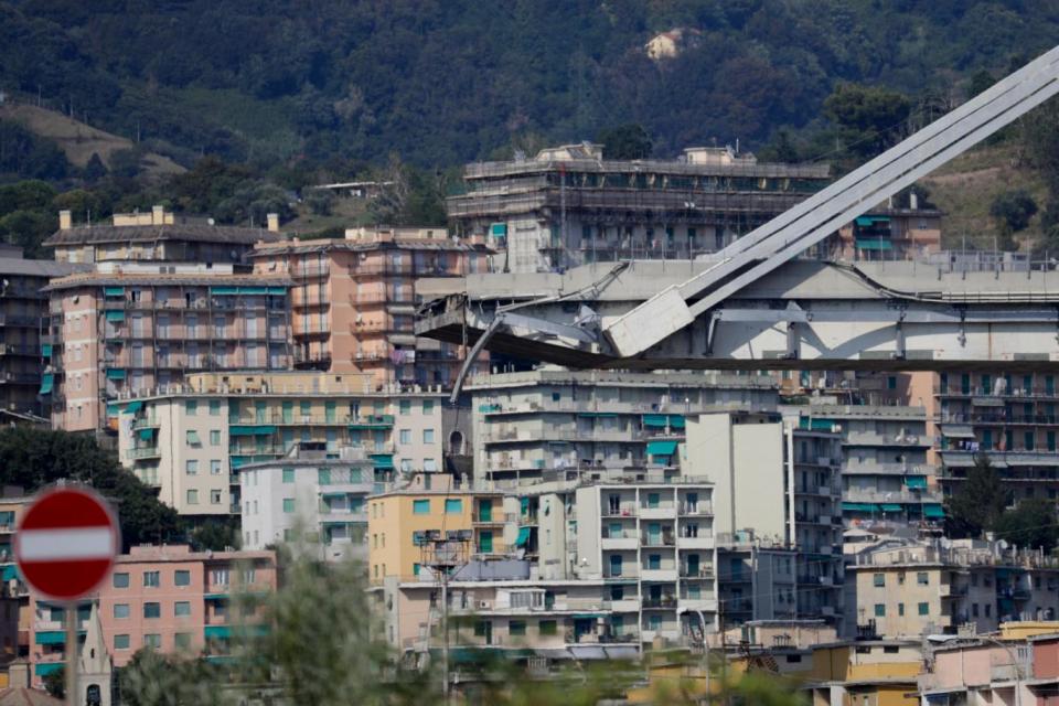 A view of the collapsed Morandi highway bridge in Genoa (AP)