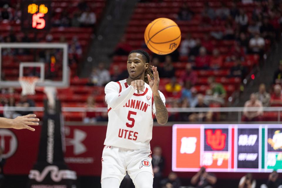 Utah Utes guard Deivon Smith (5) passes the ball during a game against the Oregon Ducks at the Huntsman Center in Salt Lake City on Jan. 21, 2024. | Marielle Scott, Deseret News