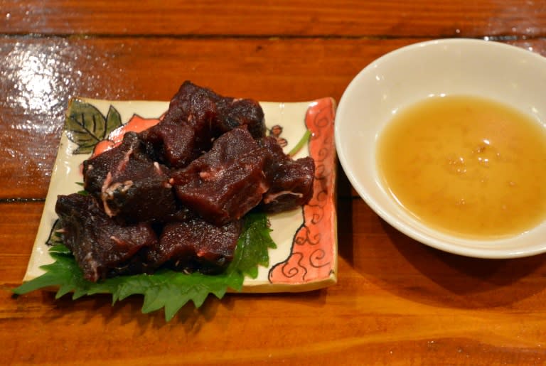 A dish of whale meat sashimi at a restaurant in Tokyo for the Ebisu whale meat festival in October 2015