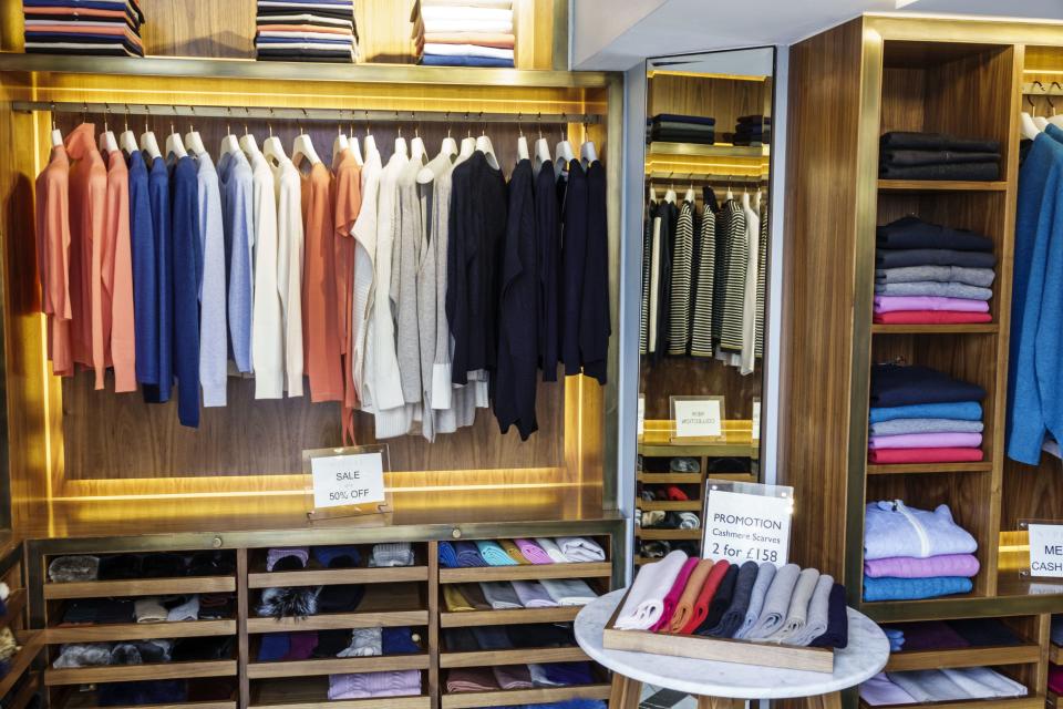 London, West End Piccadilly Circus, Cashmere clothing on sale. (Photo by: Jeffrey Greenberg/Universal Images Group via Getty Images)