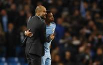 Britain Soccer Football - Manchester City v Manchester United - Premier League - Etihad Stadium - 27/4/17 Manchester City manager Pep Guardiola and Gabriel Jesus at the end of the match Action Images via Reuters / Jason Cairnduff Livepic