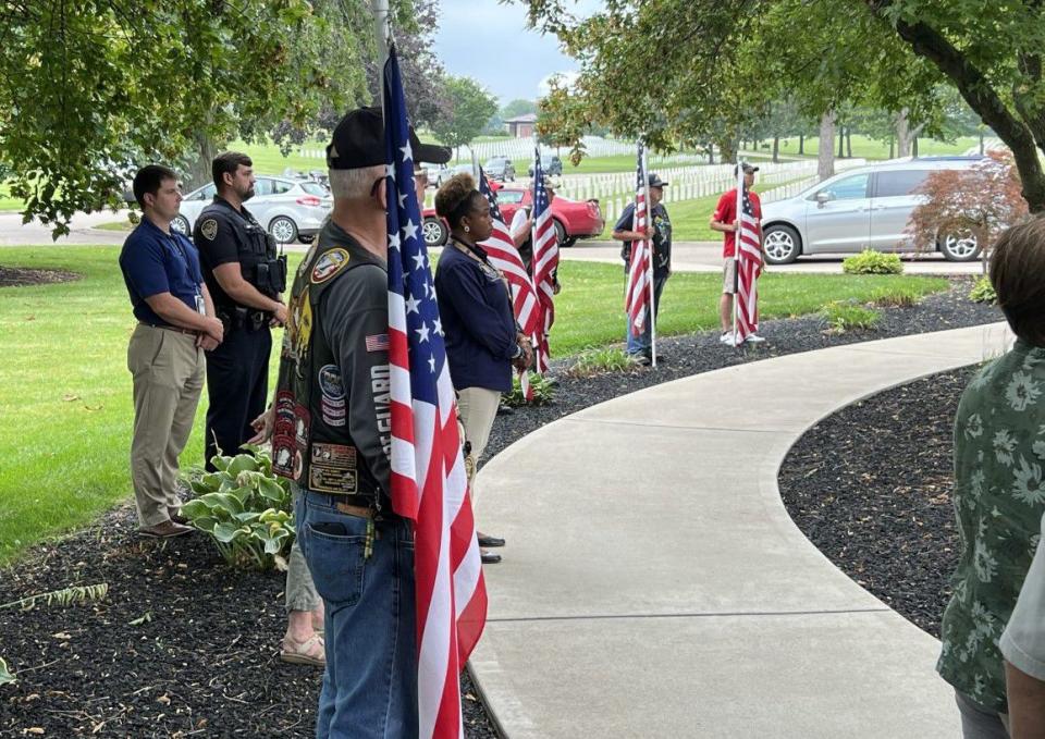 Dozens of people attended the funeral of local Marine veteran James Brooks at the Dayton National Cemetery Thursday. Brooks died at the Dayton VA recently, but had no known family members. (Xavier Hershovitz/Staff)