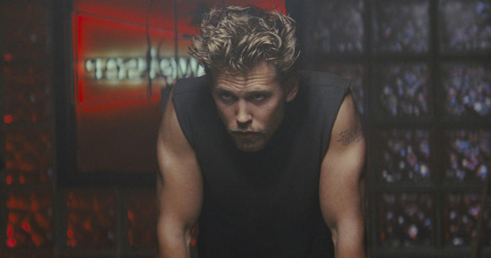 This image released by Focus Features shows Austin Butler in a scene from "The Bikeriders." (Focus Features via AP)