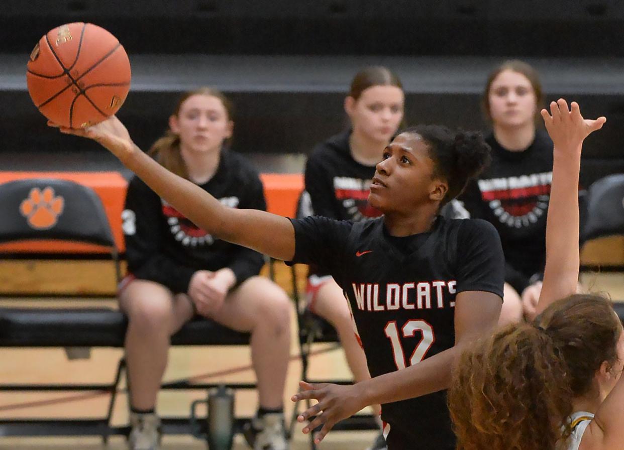 Northwestern High School sophomore Makayla Presser-Palmer, left, shoots near Shady Side Academy sophomore Cassie Sauer during a PIAA Class 3A second-round game at Sharon High School in Sharon on March 12.