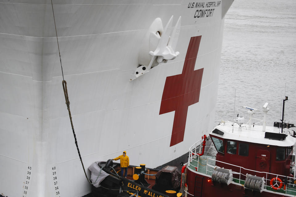 The USNS Naval Hospital Ship Comfort is prepared to depart via the Husdon River, Thursday, April 30, 2020, in the Manhattan borough of New York. (AP Photo/John Minchillo)