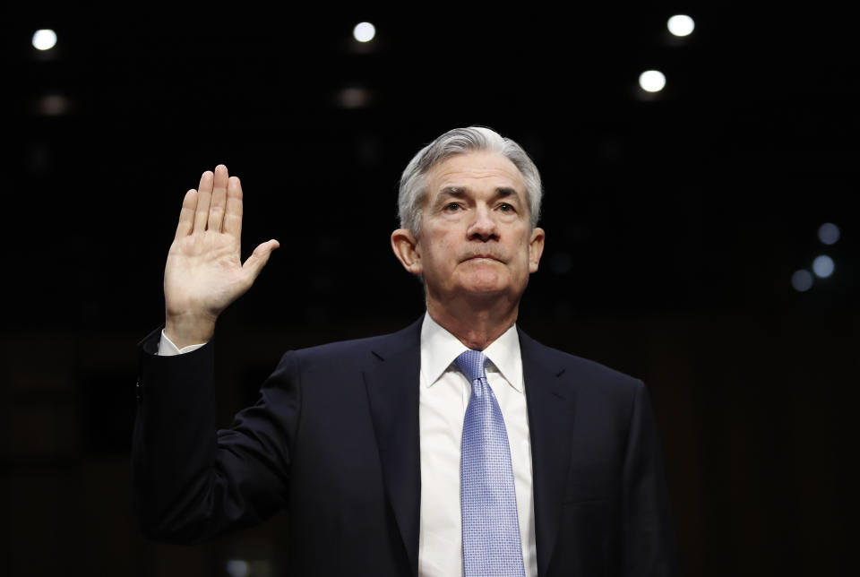 Jerome Powell, President Donald Trump’s nominee for chairman of the Federal Reserve, is sworn into testify during a Senate Banking, Housing, and Urban Affairs Committee hearing on Capitol Hill in Washington, Tuesday, Nov. 28, 2017. (AP Photo/Carolyn Kaster)