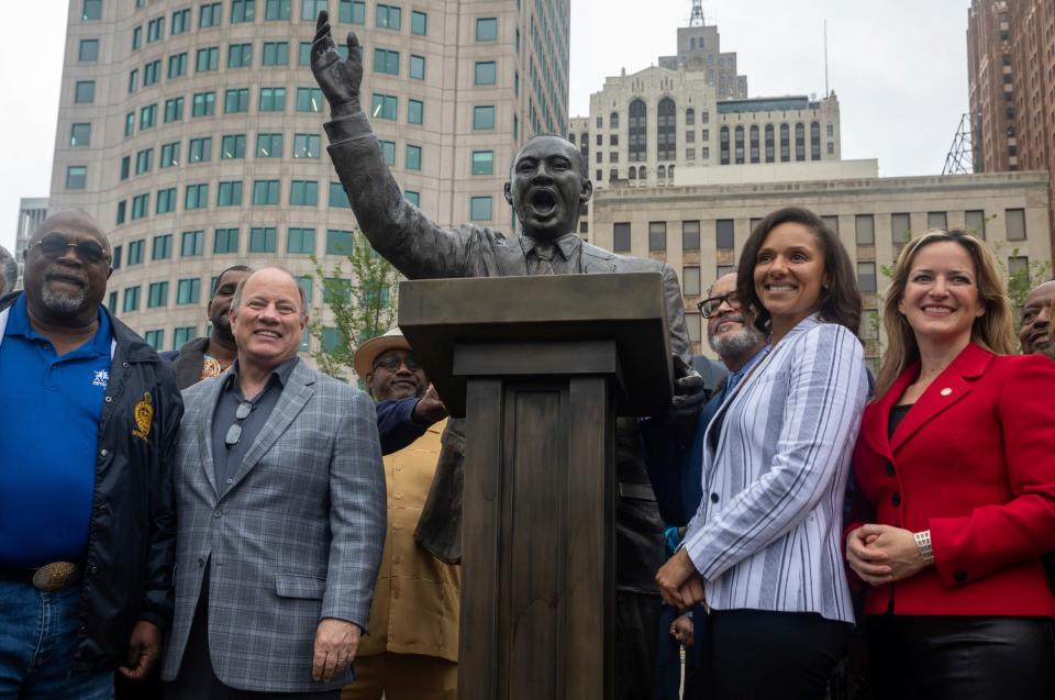 Detroit NAACP President the Rev. Wendell Anthony, left, Mayor Mike Duggan, Council President Mary Sheffield and Secretary of State Jocelyn Benson stand in front of the new Martin Luther King Jr. statue at Hart Plaza in Detroit on Friday, June 23, 2023.