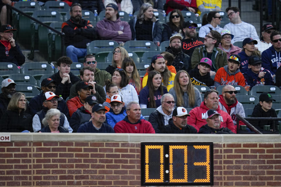 Spectators look on as the pitch clock is visible during the first inning of a baseball game between the Baltimore Orioles and the Boston Red Sox, Monday, April 24, 2023, in Baltimore, Md. (AP Photo/Julio Cortez)