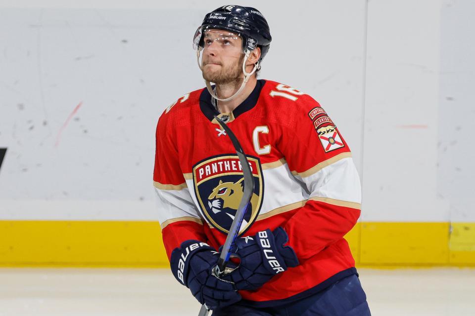 Florida Panthers center Aleksander Barkov (16) looks on after scoring on April 13 during the third period against the Carolina Hurricanes at FLA Live Arena in Sunrise.