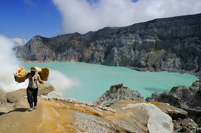 Fire-diggers: The sulphur miners are also the mountain’s other interesting feature.